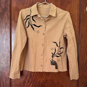 Unique Artisan-made Button-Up Women's Top with Black Block Print Design